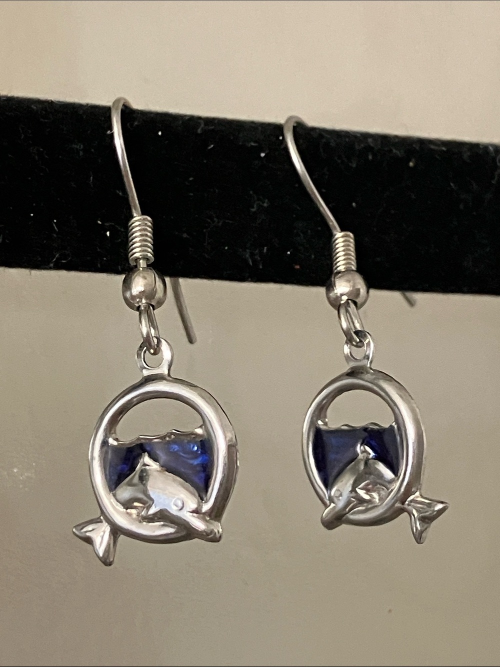 3/$25 Avon Silver-Tone & Blue Enamel Dolphin French Hook Earrings